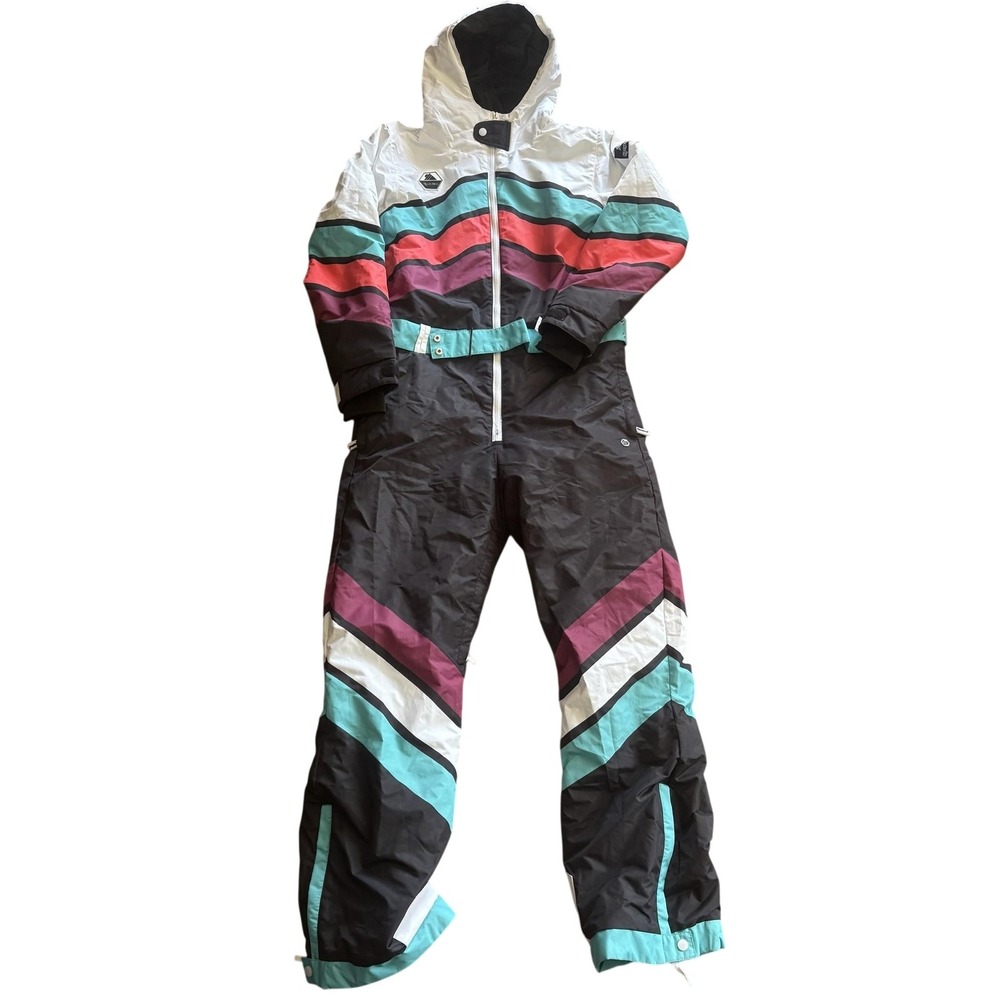 Tipsy Elves Ski Suit Mens Medium Black Striped One Piece Hooded Belted Snowsuit